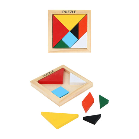 Wooden puzzle game with 7 colorful pieces in a 9.5x10x1.5cm frame.