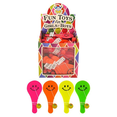 Mini Neon Paddle Bat and Ball Games in 4 Assorted Colours with Smiling Faces (12cm)