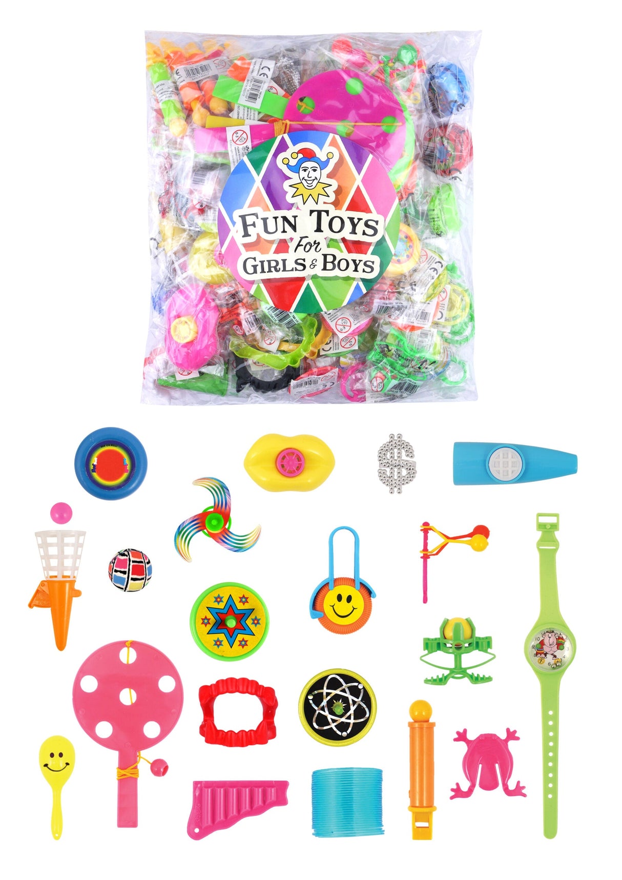 Assorted party bag fillers with colorful toys and fun items for kids.