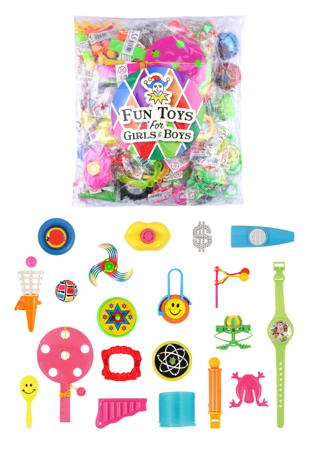 Assorted party bag fillers with colorful toys and fun items for kids.