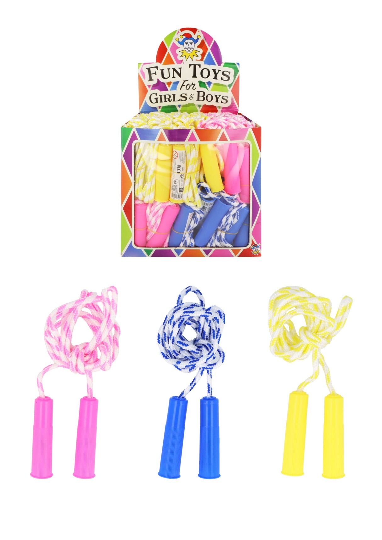 Skipping Rope (205cm) in pink, blue, and yellow with handles.