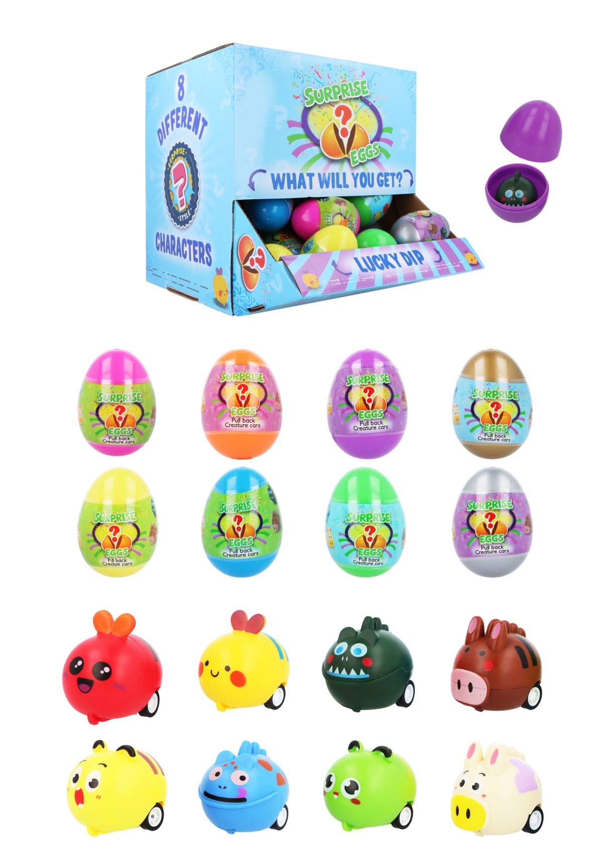 Pre-Filled Lucky Dip Egg with Mystery Pullback Animal (6.5cm) Quantities of 48