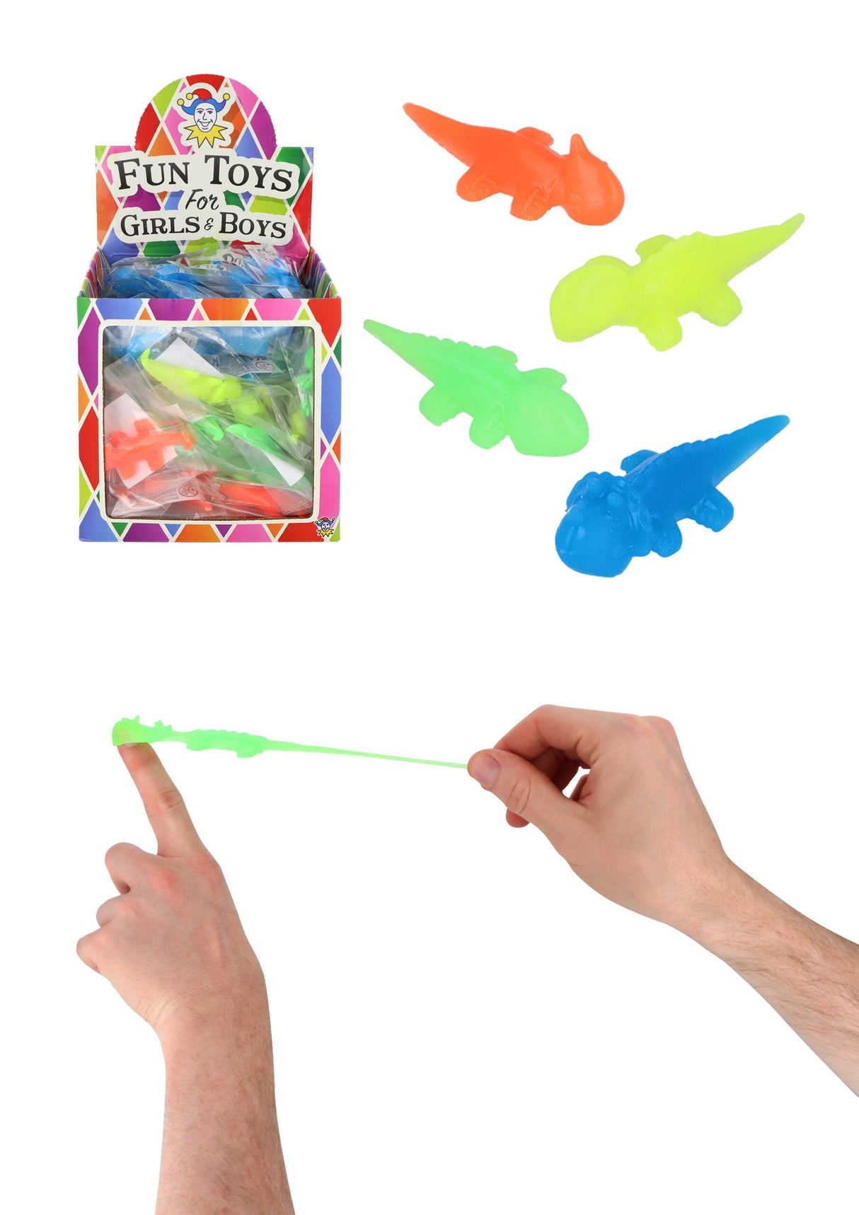 Dinosaur Slingshot 7cm toy in action, colorful dinosaur shapes.