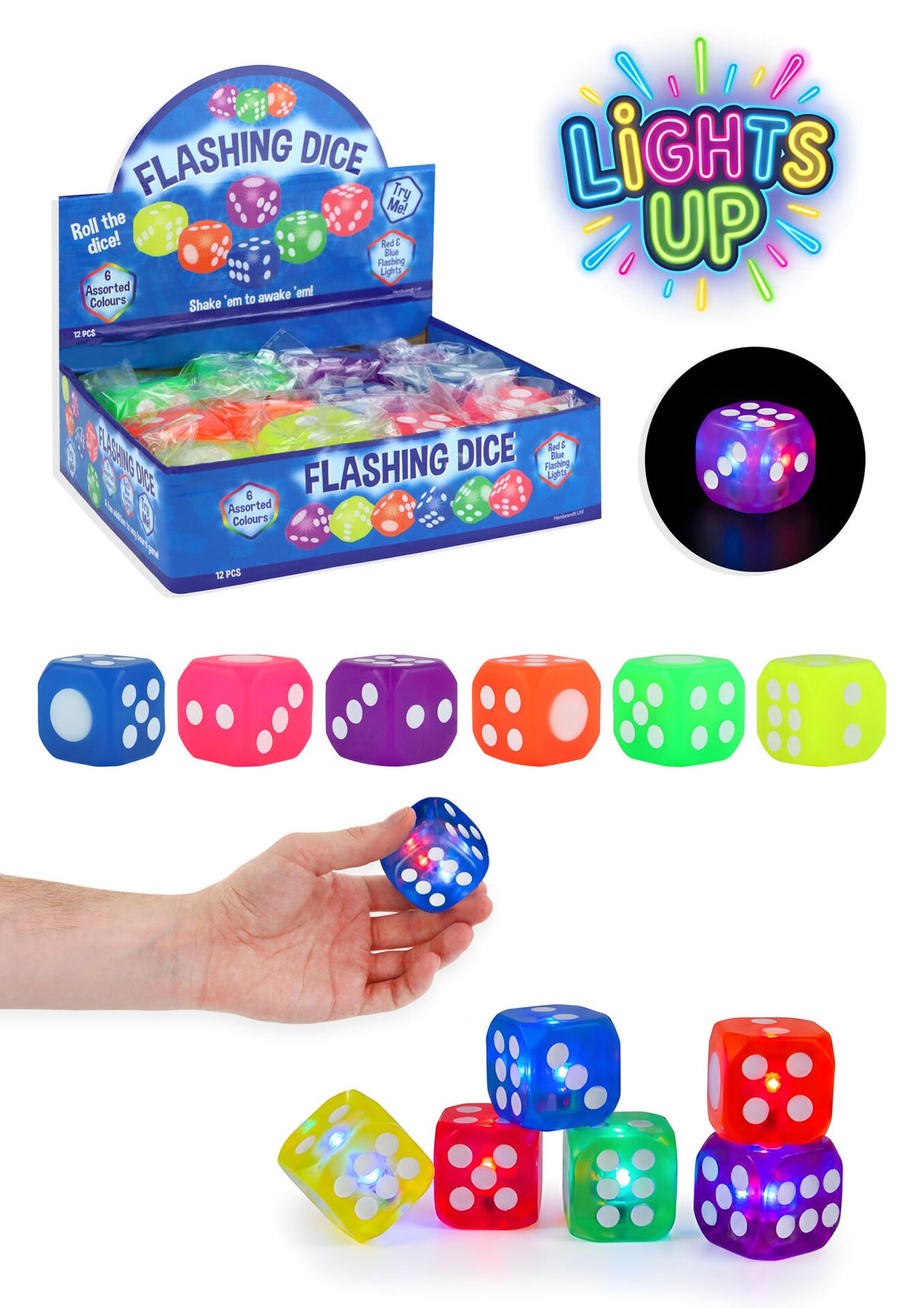 Neon Flashing Dice (3.7cm) Quantities of 12