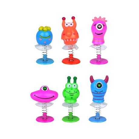 Pack of six colorful Monster Jump Ups on springs, ideal for party favors and prizes.