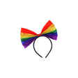 Rainbow Pride headband with giant angled bow in vibrant rainbow stripes.