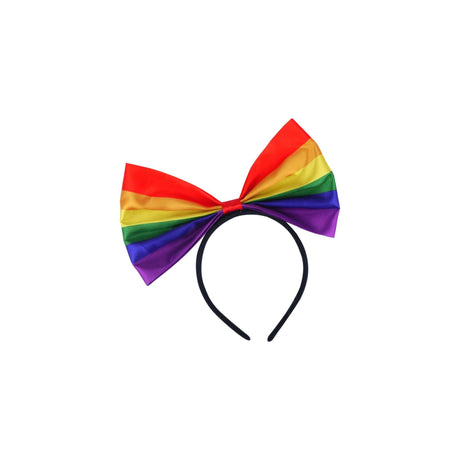 Rainbow Pride headband with giant angled bow in vibrant rainbow stripes.