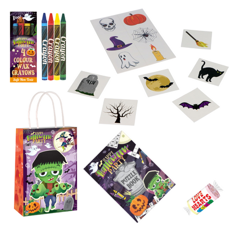 Halloween pre filled party bags with puzzle book, crayons, love heart sweets, and spooky tattoos.