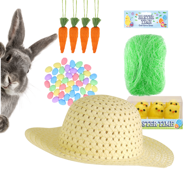 Easter Bonnet Kit for Kids with hat, carrots, mini foam eggs, craft grass, and Easter chicks.