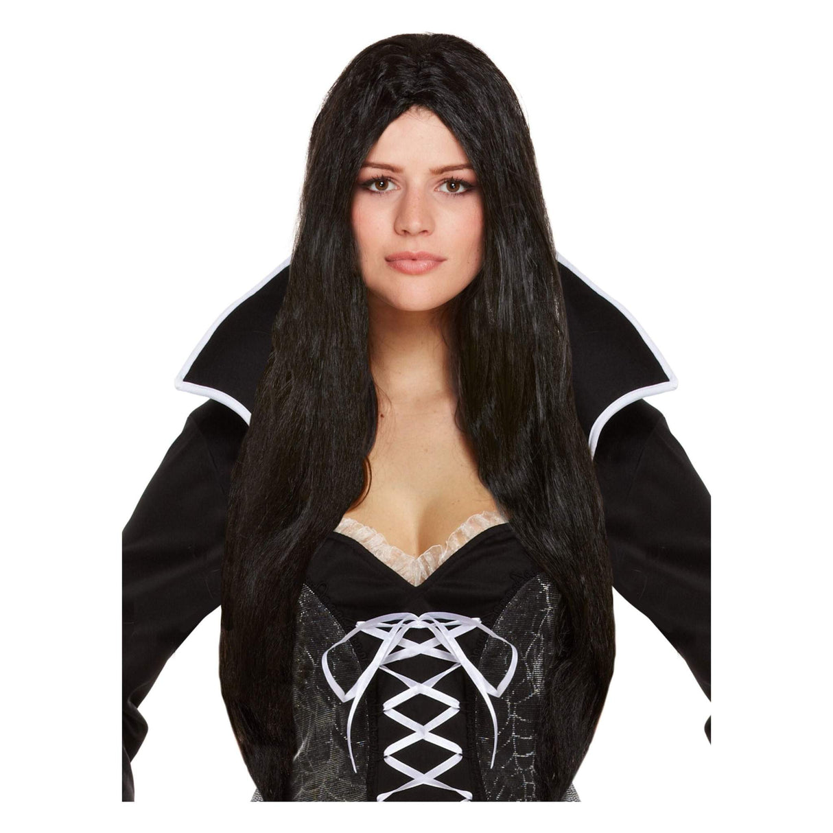 Black Witch Wig for Halloween costume or cosplay, high-quality black hair.