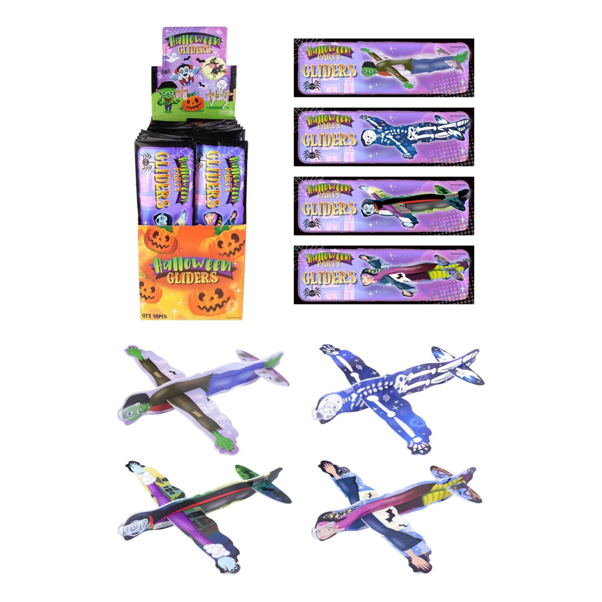 Assorted Halloween gliders in spooky designs for festive fun.