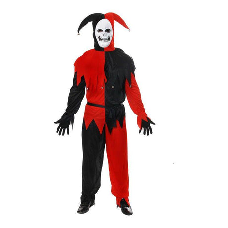 Evil Jester costume with skull mask and black-red design, perfect for Halloween.