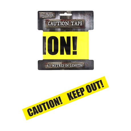 Halloween warning tape with "Caution! Keep Out!" message, 6.1m x 7cm, ideal for spooky decorations.