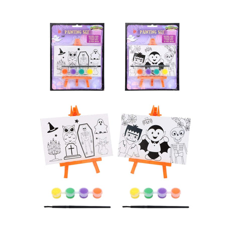 Mini Halloween painting set with paints, brushes, and spooky designs for creative Halloween decorations.