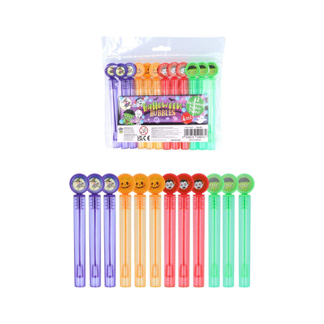 Mini Halloween bubbles pack of 12 with colorful bottles for spooky fun.