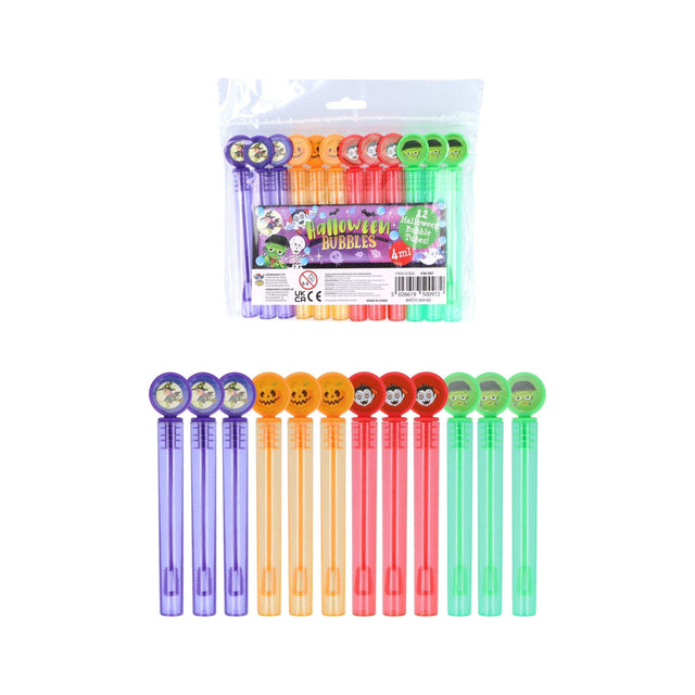 Mini Halloween bubbles pack of 12 with colorful bottles for spooky fun.