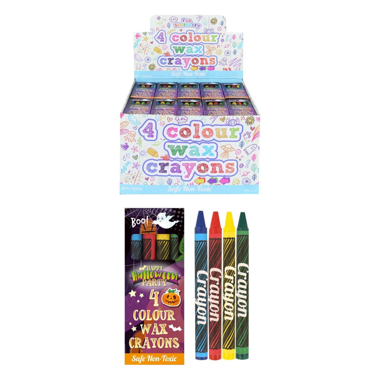 Pack of 4 Halloween wax crayons for vibrant spooky art projects.
