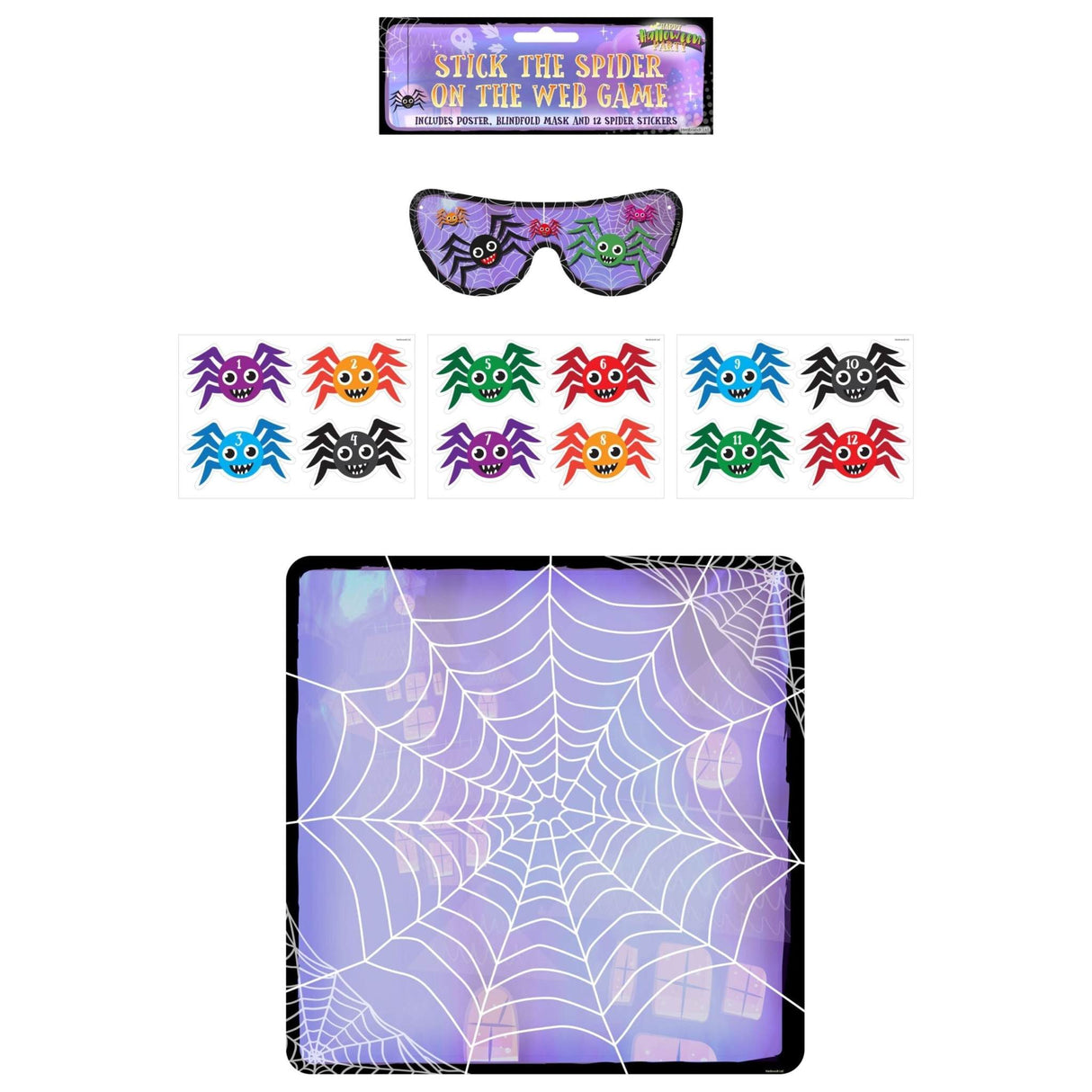 Stick the Spider on the Web Halloween party game set with poster, blindfold, and colorful spider stickers.