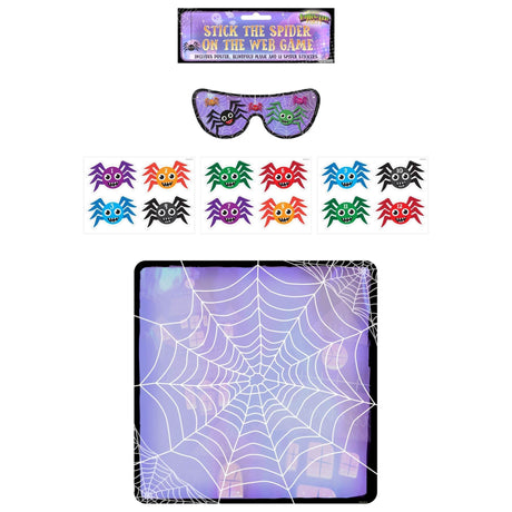 Stick the Spider on the Web Halloween party game set with poster, blindfold, and colorful spider stickers.