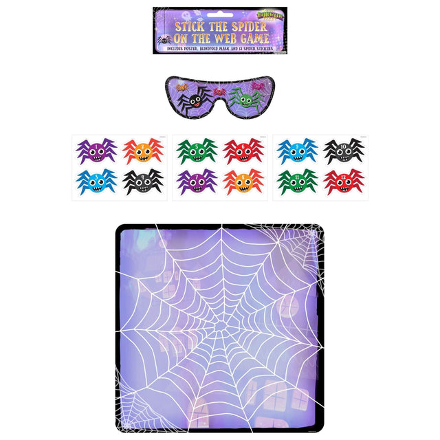 Stick the Spider on the Web Halloween party game set with poster, blindfold, and colorful spider stickers.