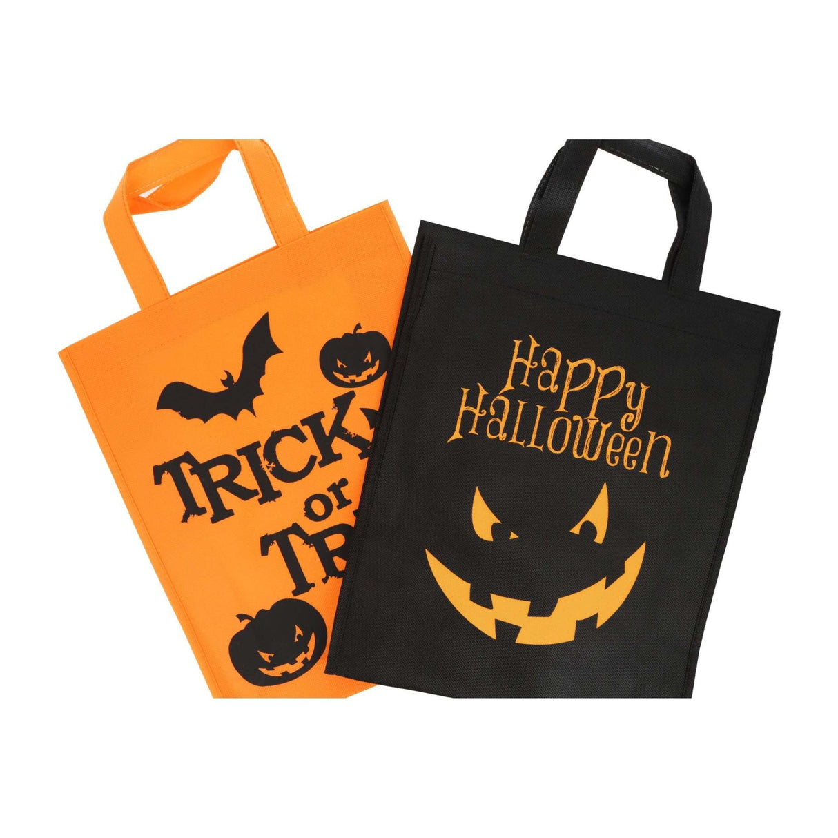 Halloween trick or treat bags with bat and pumpkin designs, perfect for collecting treats.