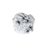 White spider web with five plastic spiders for Halloween decor.