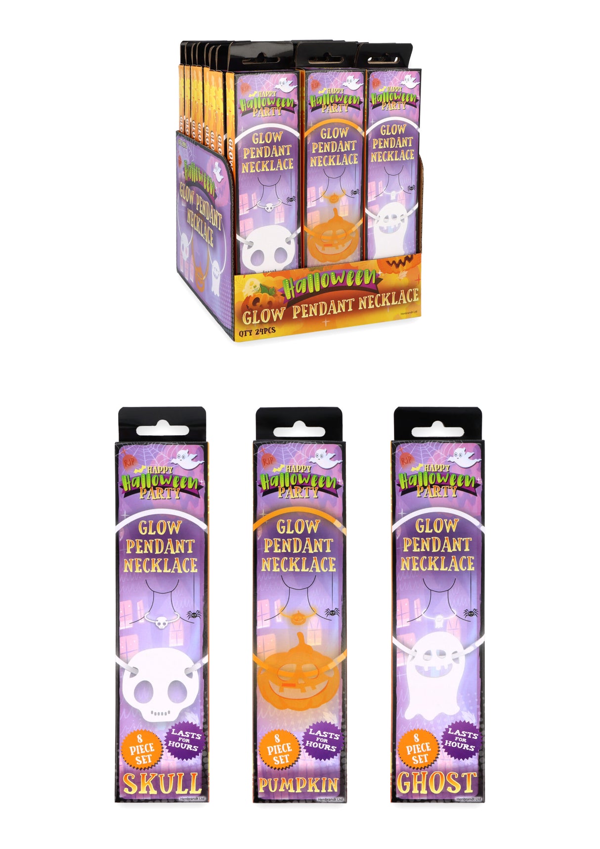 Glow in the Dark Halloween Necklace 8-Piece Set (20cm) Quantities of 24