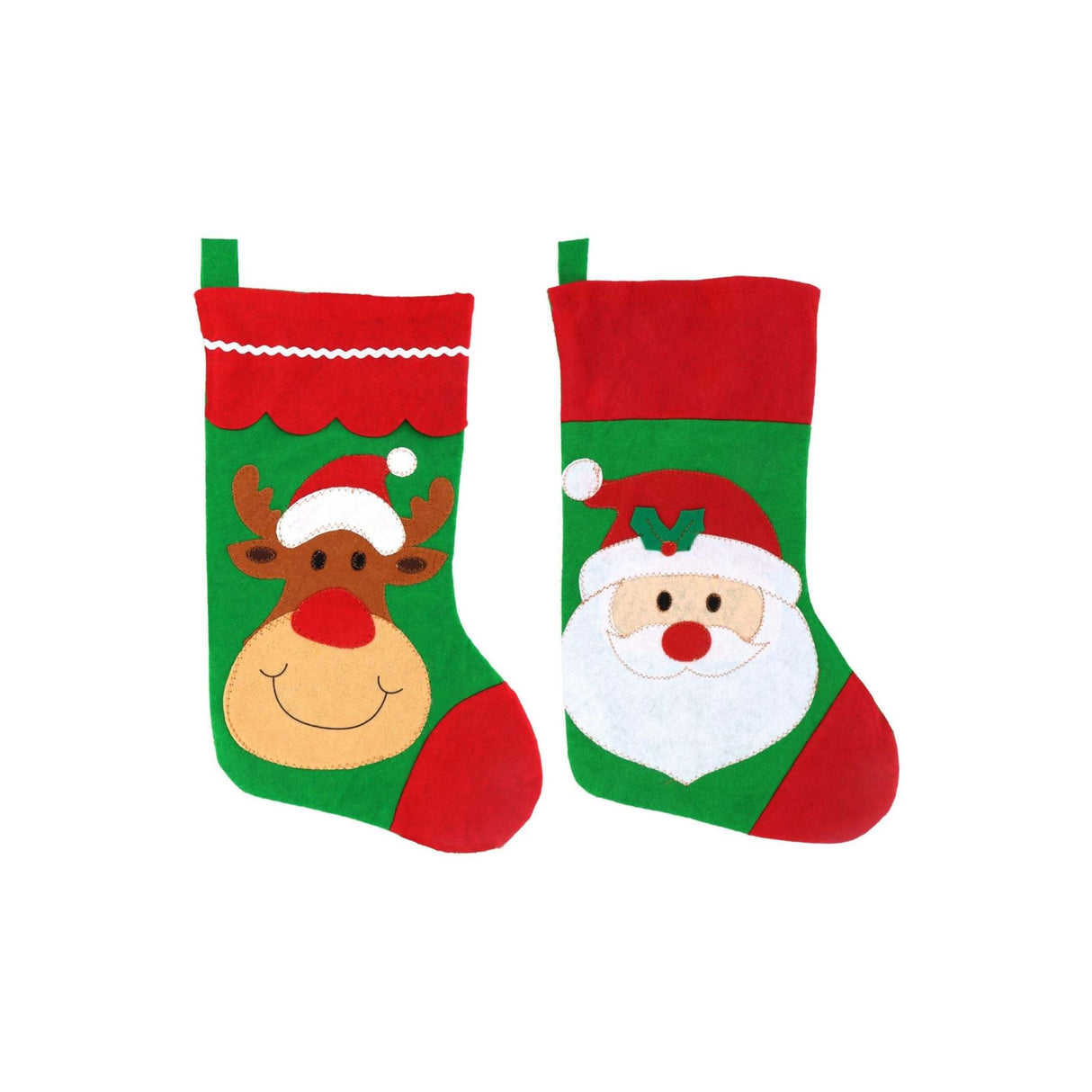 Large 46cm Christmas stocking with reindeer and Santa designs, perfect for festive decoration.