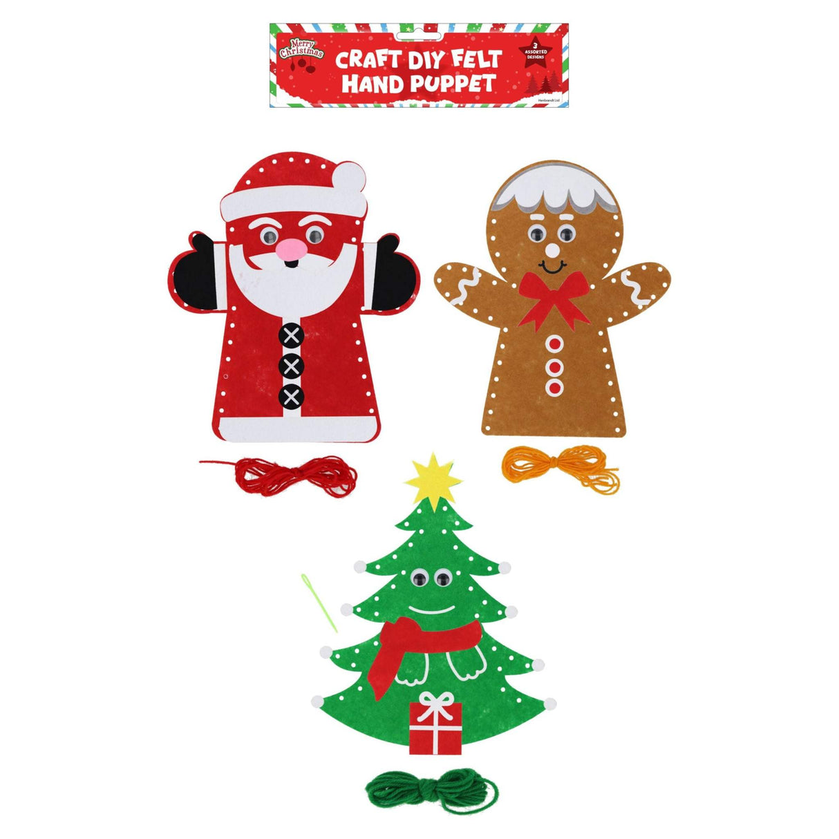 DIY Christmas Hand Puppet with festive Santa, gingerbread, and tree designs.