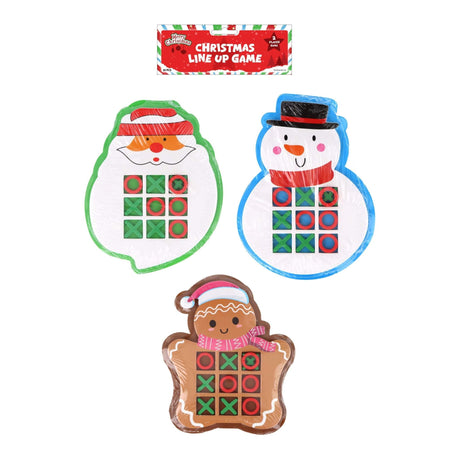 Christmas line up game with festive characters and tic-tac-toe grids.