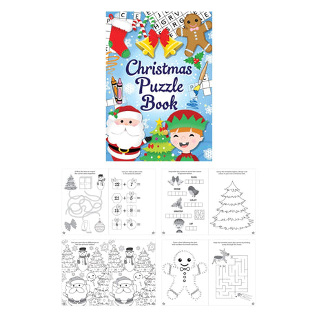 Mini Christmas puzzle book with festive cover featuring Santa, elves, and puzzles.