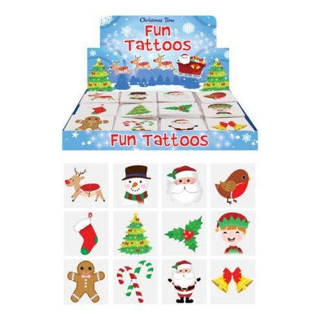 Mini Christmas temporary tattoos pack with 48 festive designs, featuring holiday symbols like Santa and reindeer.