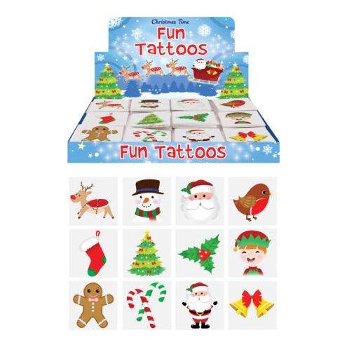 Mini Christmas temporary tattoos pack with 48 festive designs, featuring holiday symbols like Santa and reindeer.