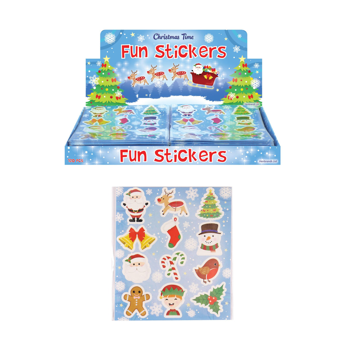 Individually wrapped Christmas Sticker Sheets in CDU Quantities of 120