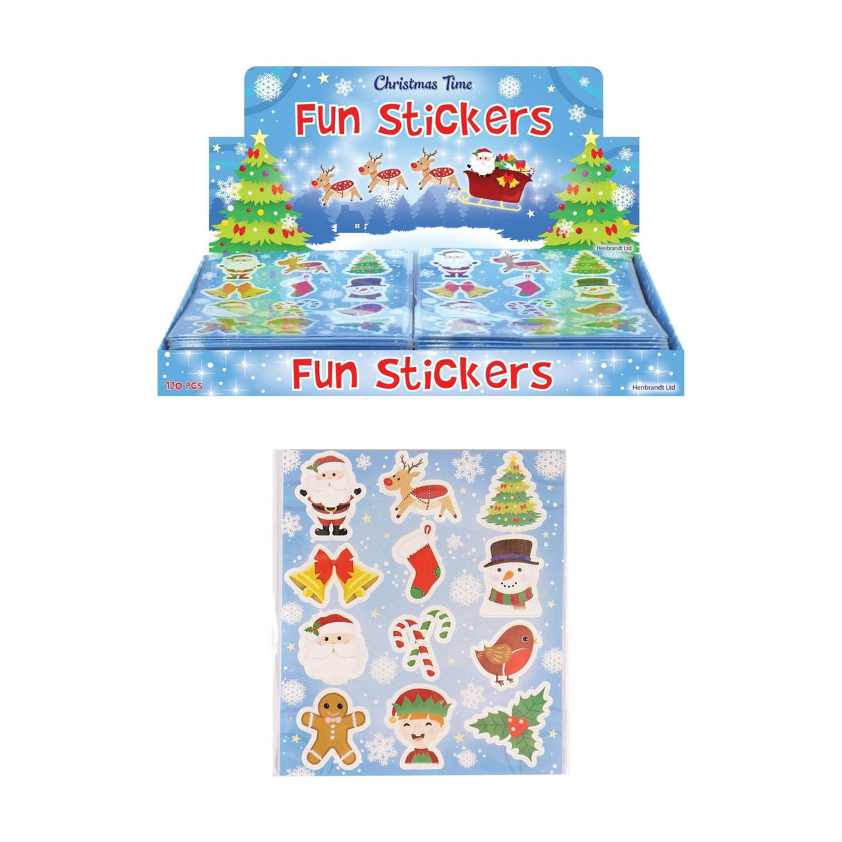 Christmas sticker sheets with festive designs featuring reindeer, Santa, and Christmas trees.
