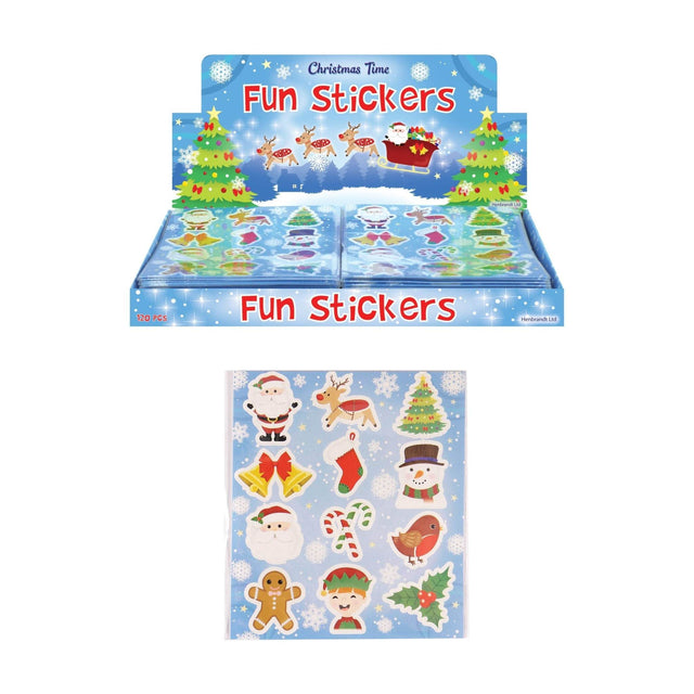 Christmas sticker sheets with festive designs featuring reindeer, Santa, and Christmas trees.