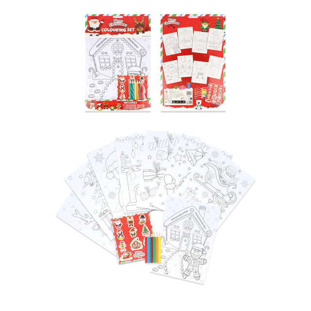 Christmas A4 Colouring Set with Pencils & Stickers (8 Sheets) Quantities of 12 Wholesale