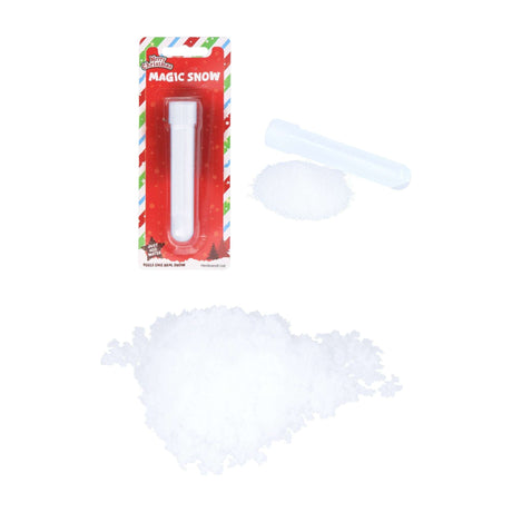 Magic Snow in a tube with fluffy snow for holiday decorations and sensory play.