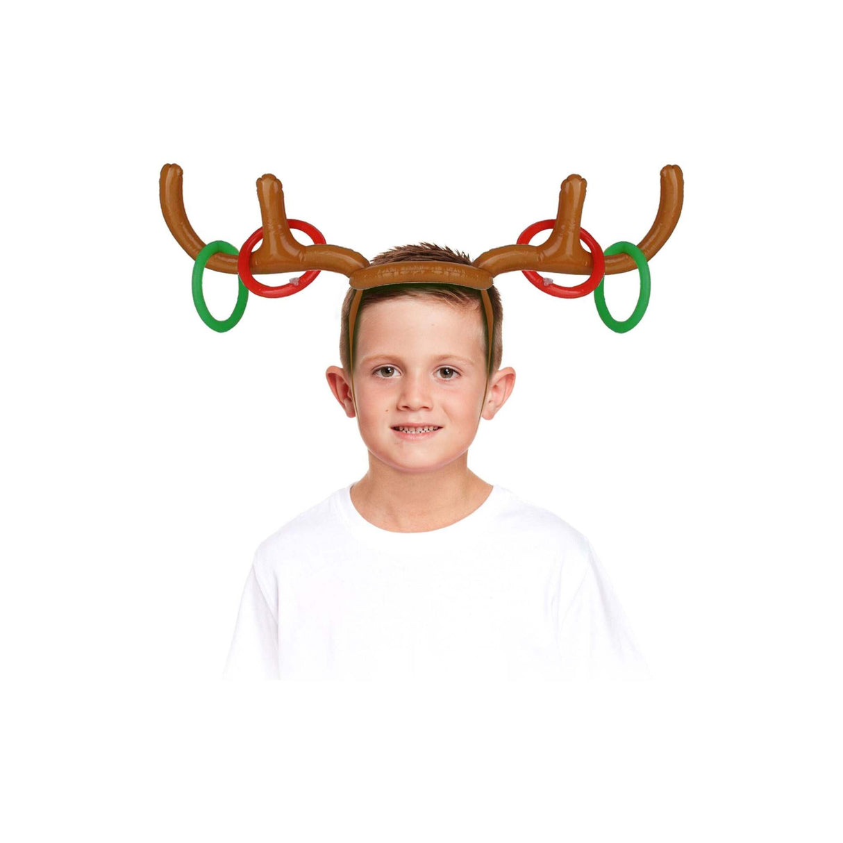 Inflatable Antler Game 5 piece set with child wearing antlers and rings.