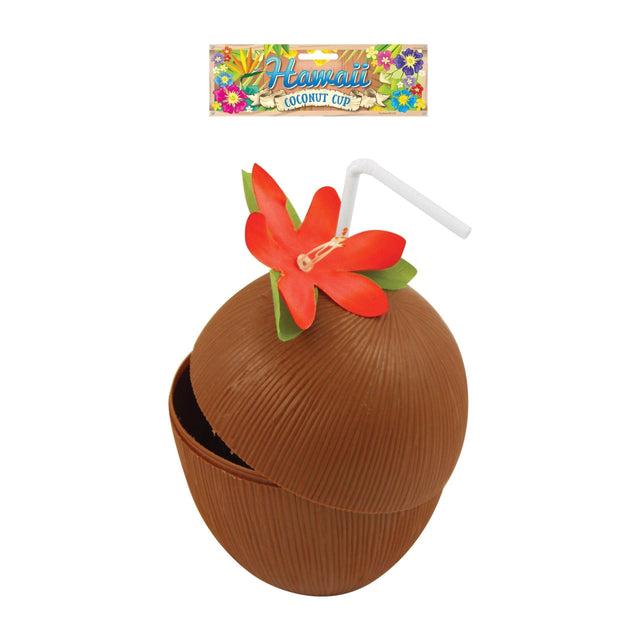 Coconut Cup with red flower and straw for tropical drinks.