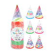 Pre-Assembled Happy Birthday party cone hats with colorful designs and "Happy Birthday" text.