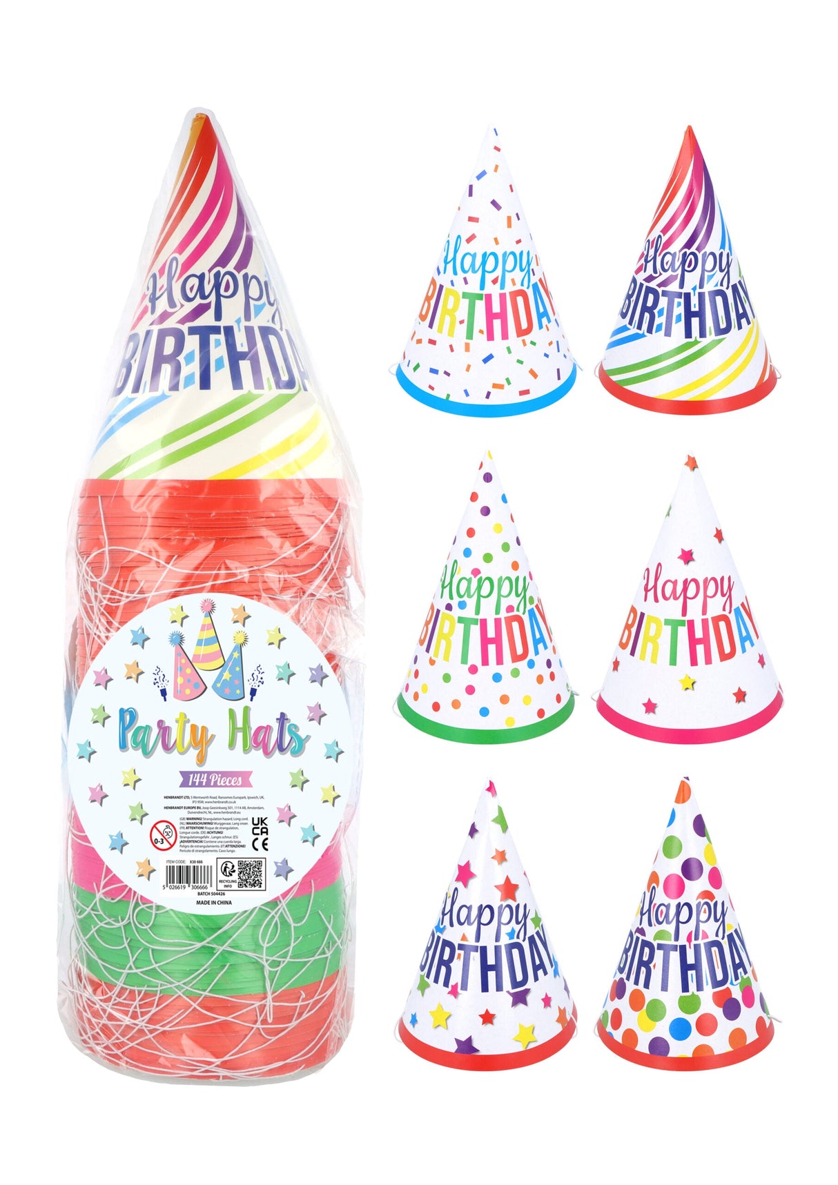 Pre-Assembled Happy Birthday party cone hats with colorful designs and "Happy Birthday" text.