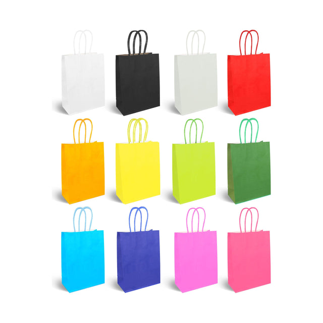 Assorted colour paper party bags in various shades with handles.
