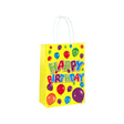 Yellow Happy Birthday Party Bag with colorful balloons and text.