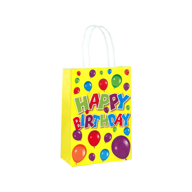 Yellow Happy Birthday Party Bag with colorful balloons and text.