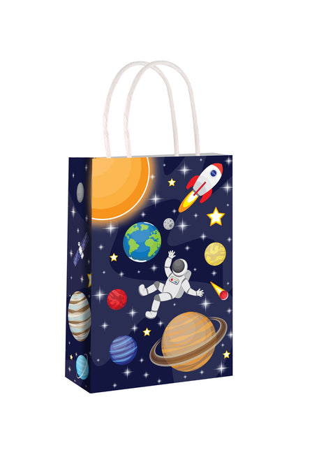 Colorful space-themed party bag with planets, astronaut, and rocket design.