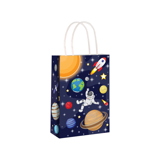 Colorful space-themed party bag with planets, astronaut, and rocket design.