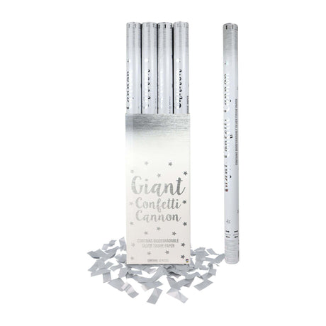 Silver Confetti Cannon (80cm) with shiny silver confetti for parties and celebrations.