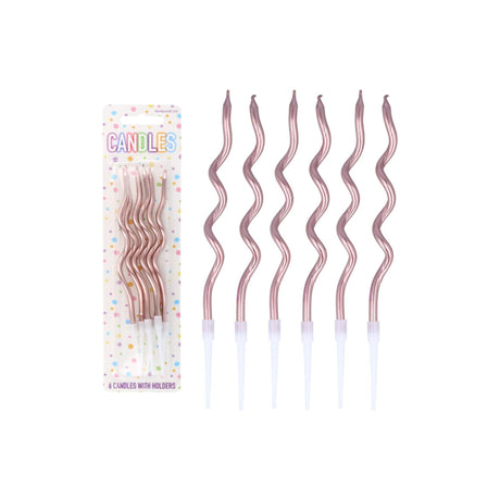 6-pack rose gold tall wavy party candles with holders, 12cm.
