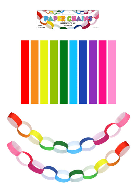 100 Paper Chains DIY Set with colorful strips and linked paper chains.